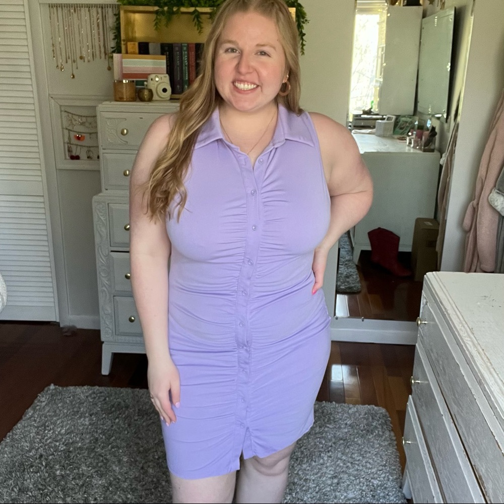 Lilac Collared Ruched Mini Button Up Dress